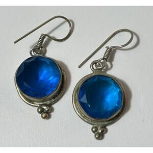 Vintage Silver-Tone Drop Earrings with Faceted Cobalt Blue Glass Stone